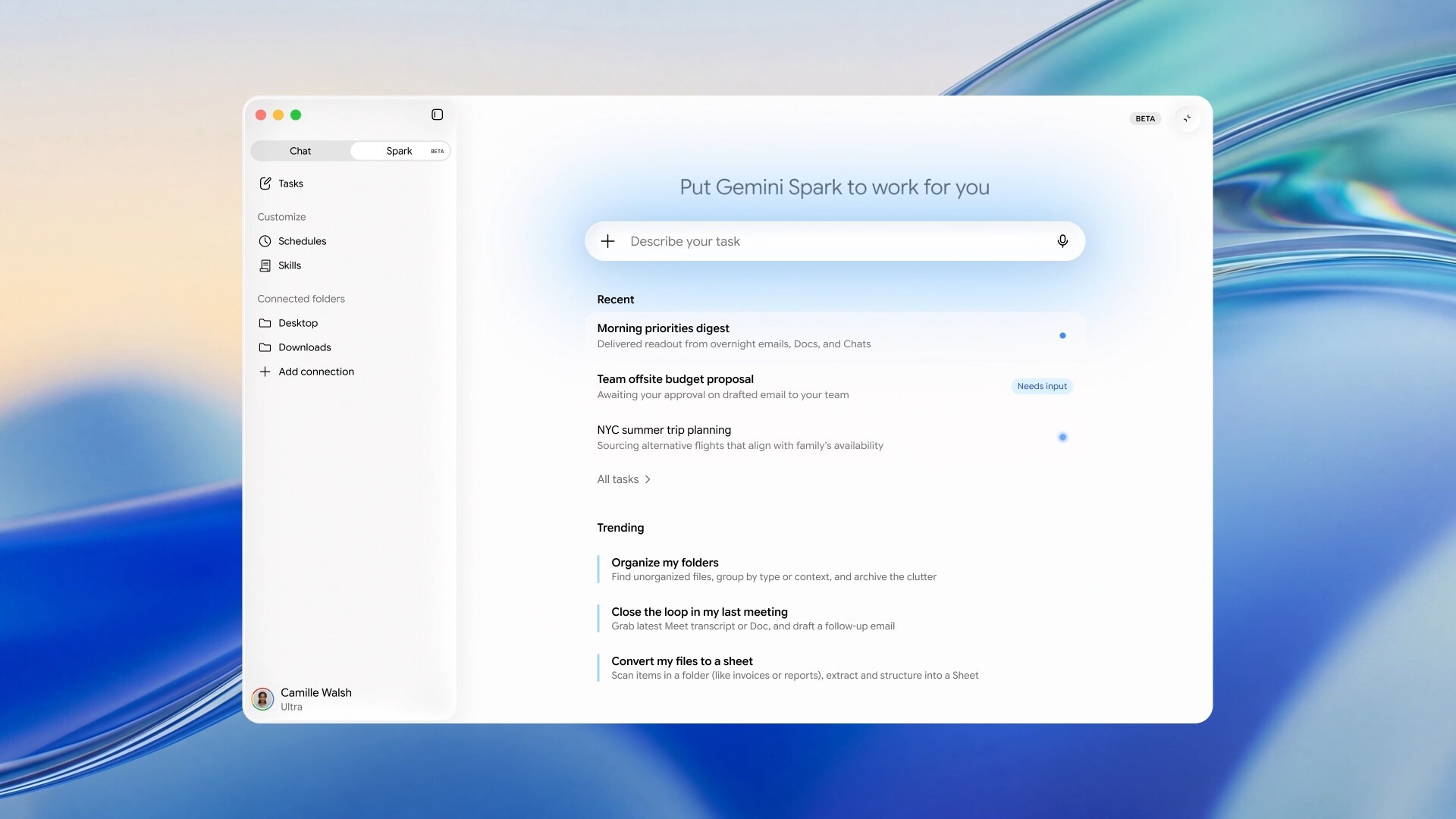 An example of Gemini Spark on the desktop version