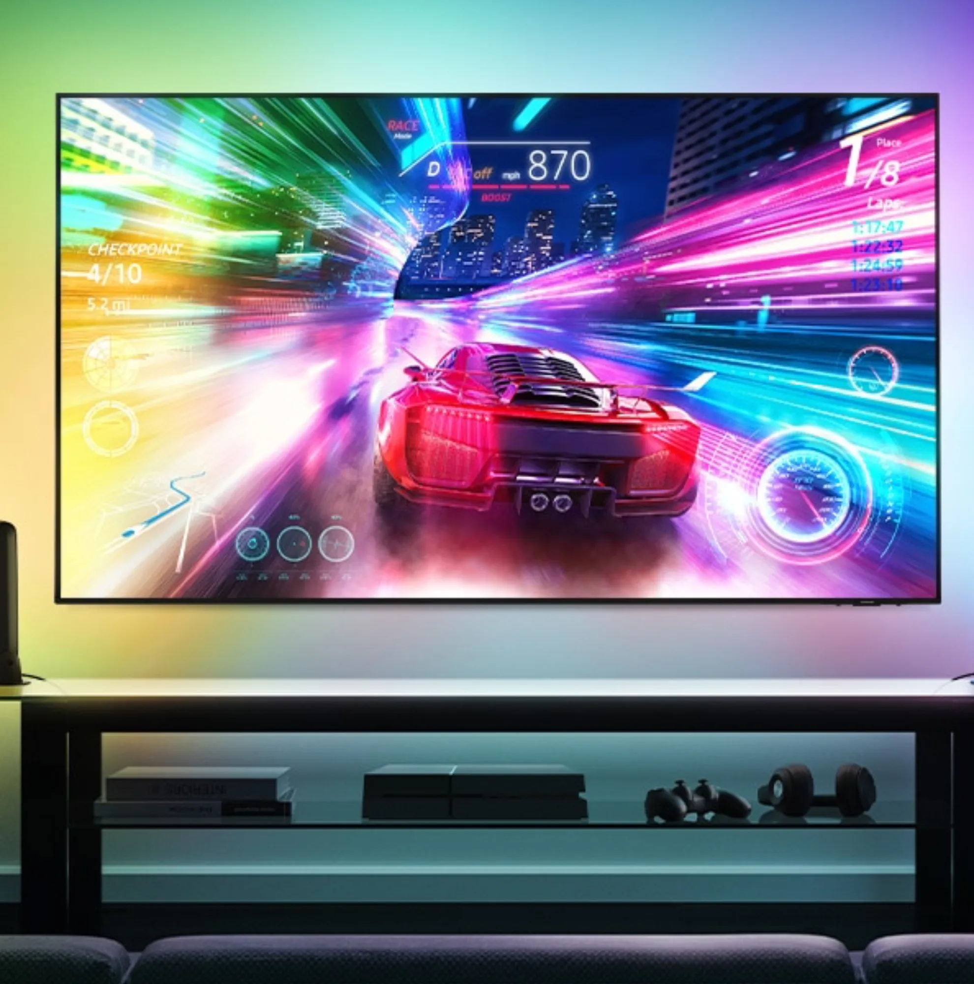 Hisense’s U65QF 4K TV mounted on a wall above a media center in a living room.