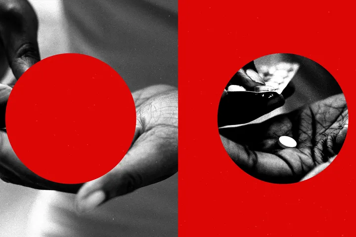 Photo illustration showing a TikTok logo shape strangling a strip of tablets