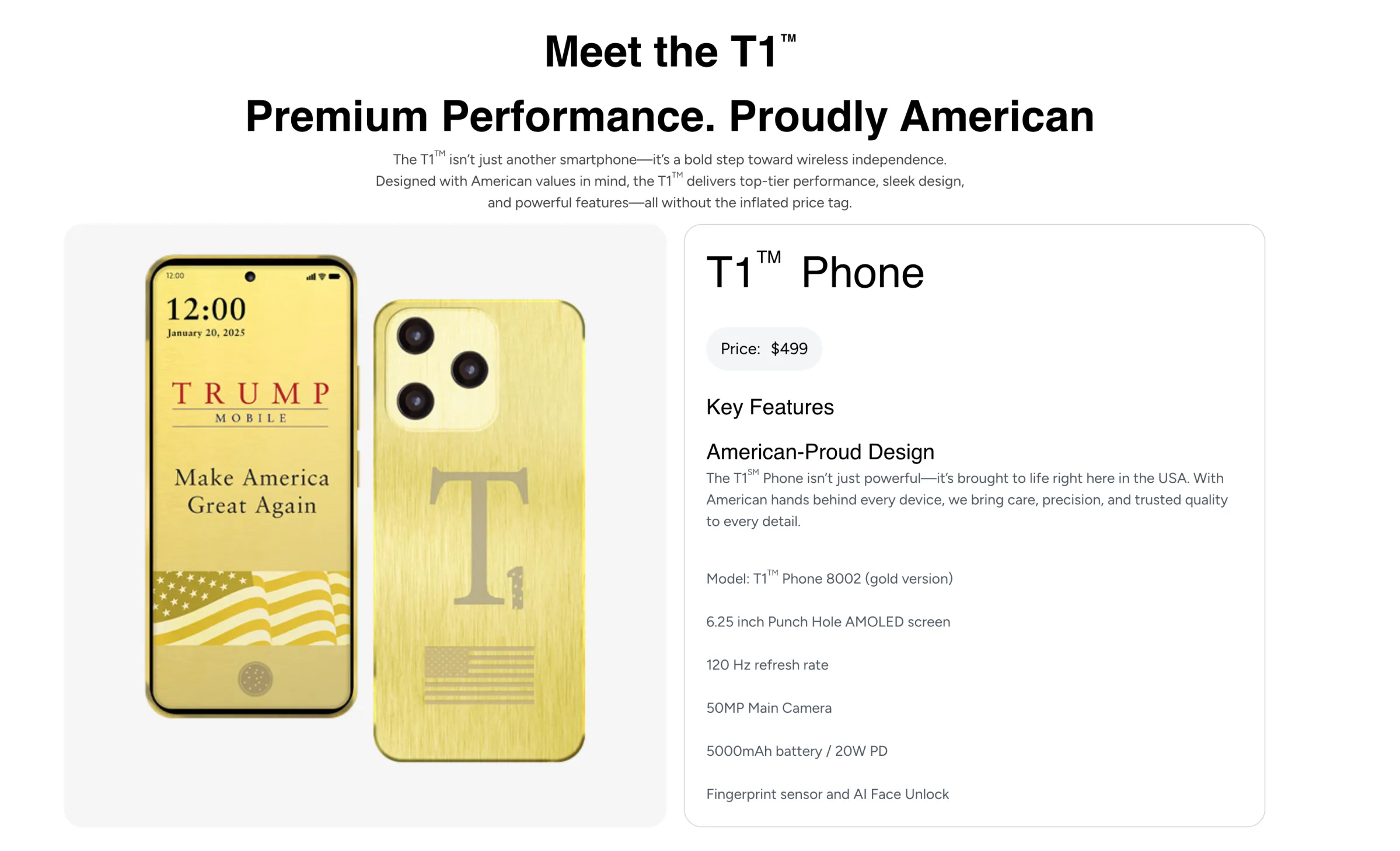 A screenshot of the Trump Phone landing page showing the gold Trump-branded phone and a list of key features, including “American-proud design.”