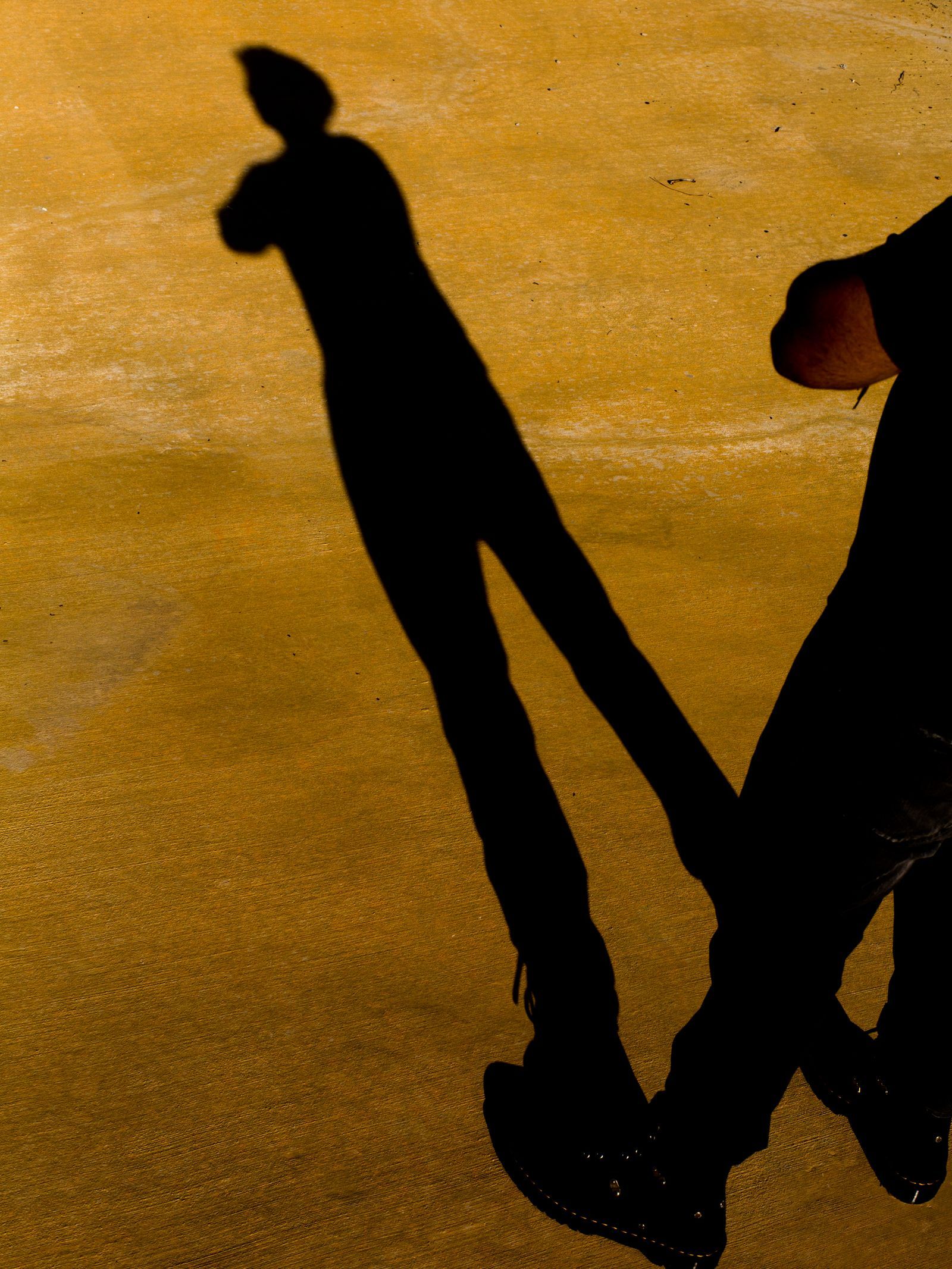 The silhouette of a person cast onto cement pavement