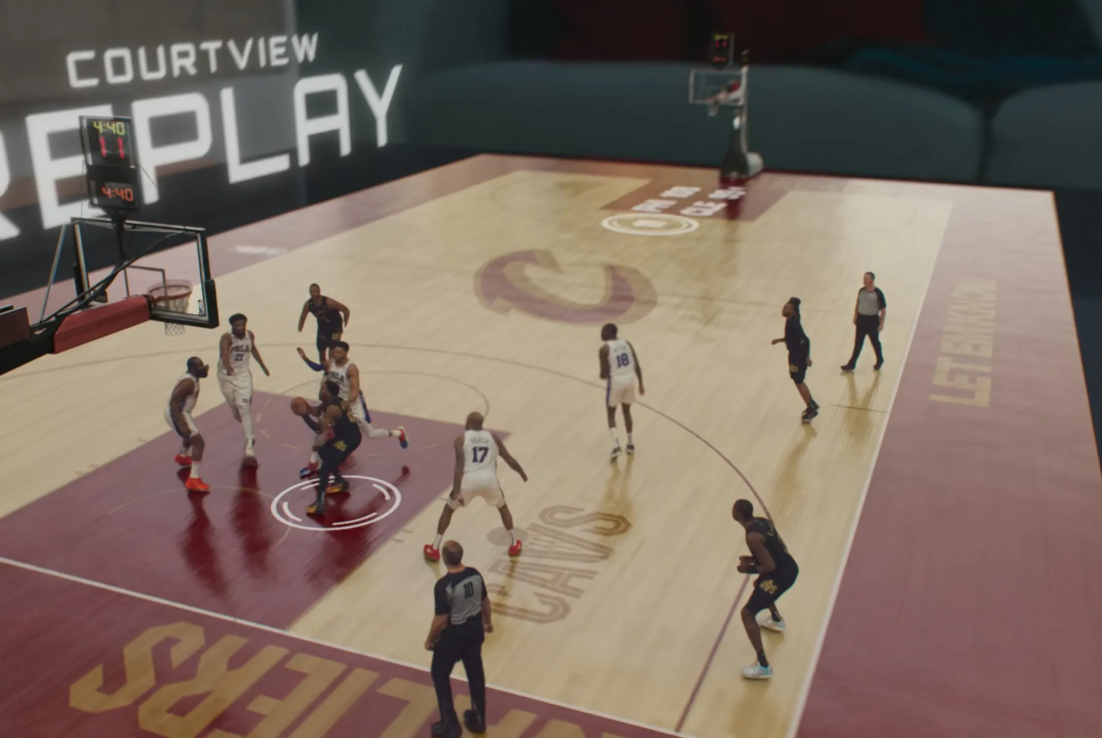 A screenshot of Disney’s presentation for the Vision Pro headset at WWDC, displaying how a basketball game might be watched on the platform.