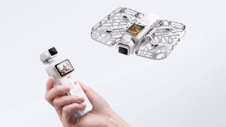 The HoverAir Versa drone is shown as a pocket camera and drone combo