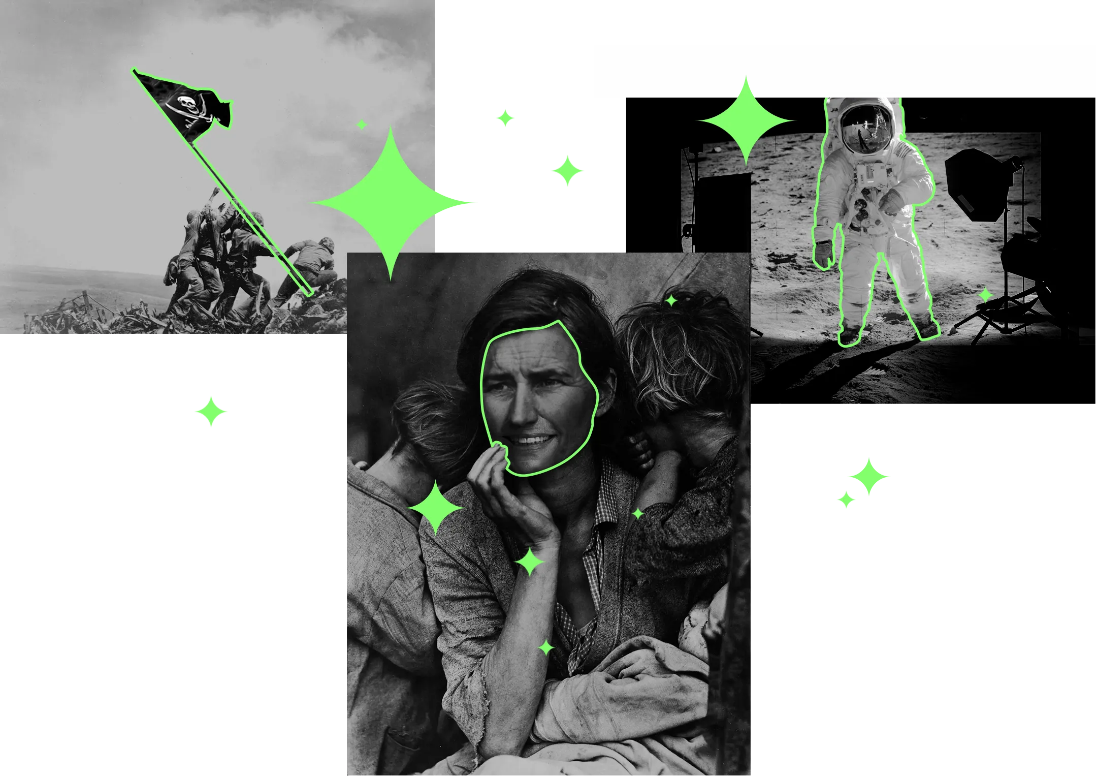 Examples of famous photographs, digitally altered to demonstrate the implications of AI photography.