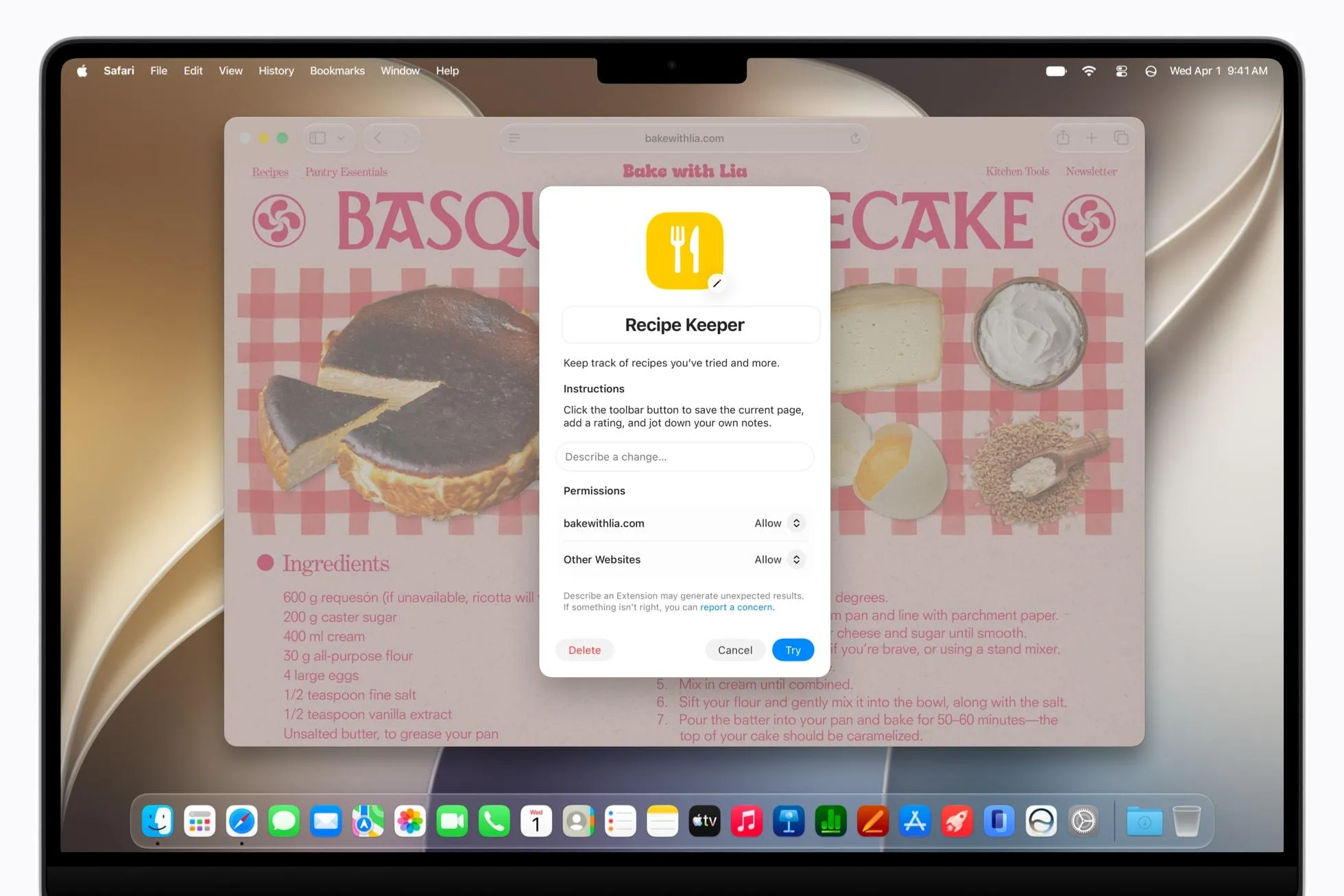 Apple’s demo showed a vibe-coded “Recipe Keeper” extension.