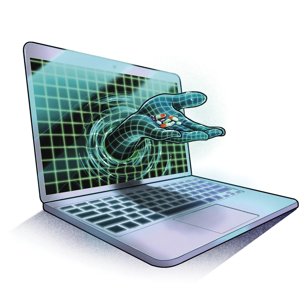 Hand reaching out of computer holding pills