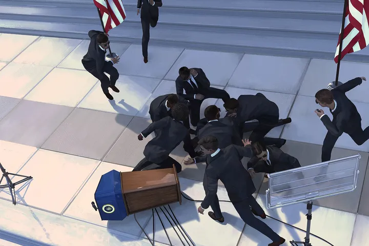 Scene showing two officers and a man with a suitcase at an airport.