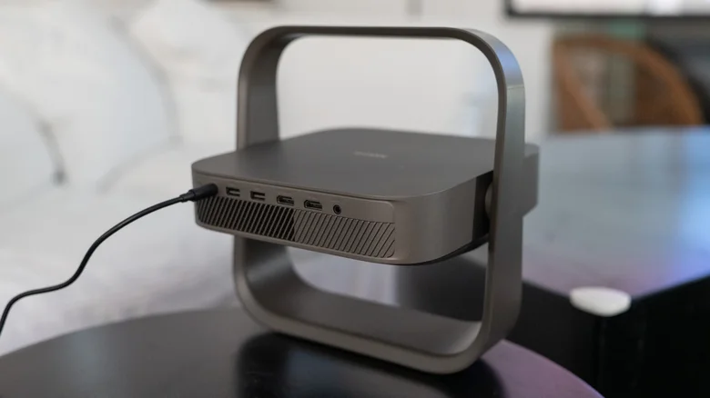 XGIMI Elfin Flip 4K projector shown from the rear with HDMI, 3.5mm and USB-A inputs