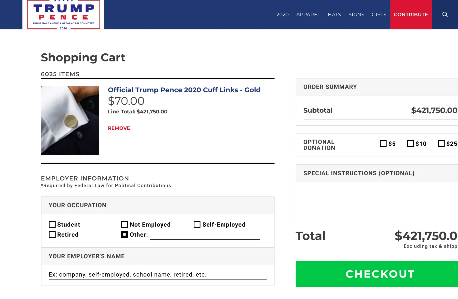 A Trump campaign store cart showing 6025 pairs of cufflinks
