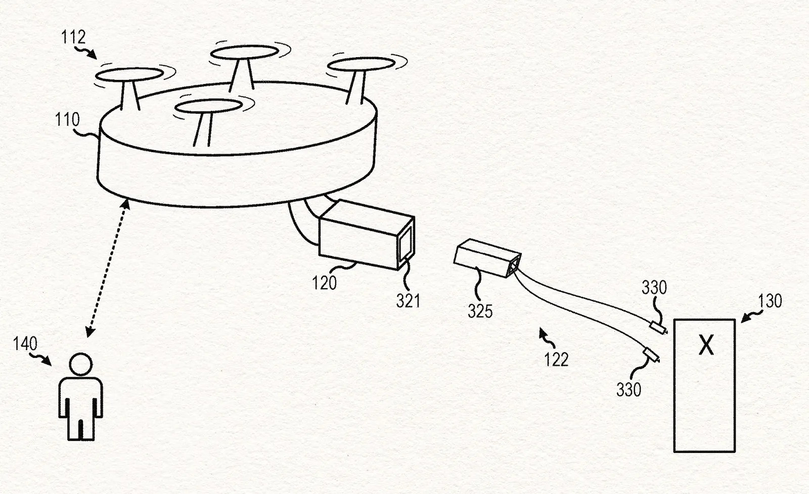 Black and white line illustration of an Axon drone with various arrows and numbers pointing to parts of it. There is a...