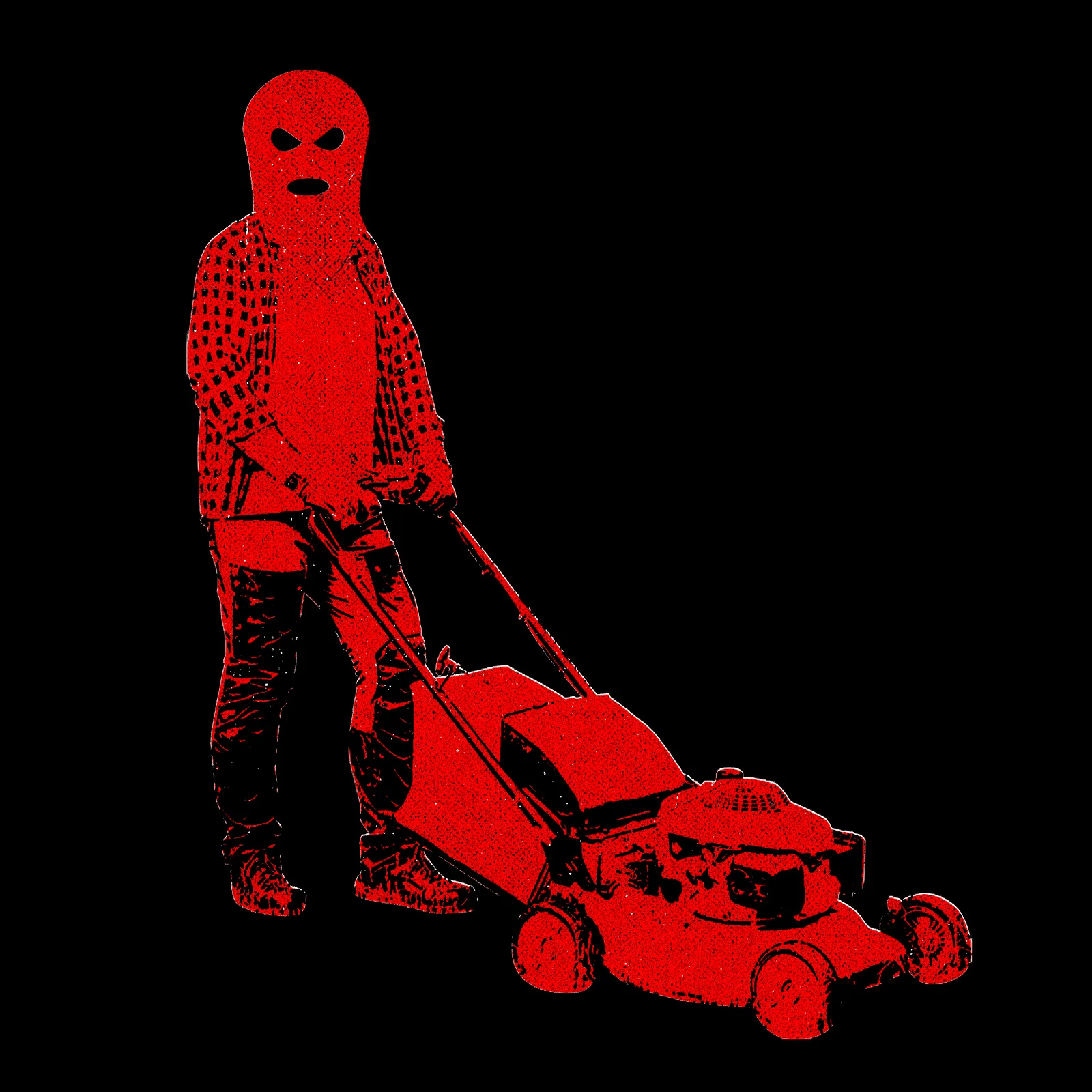 Image may contain A masked man pushing a lawn mower