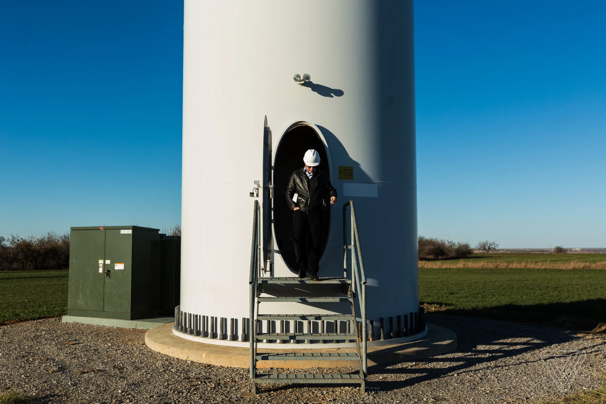 The base of a Minco-II wind turbine. The GE-made structure stands roughly 300 feet tall, with 133-foot-long blades.