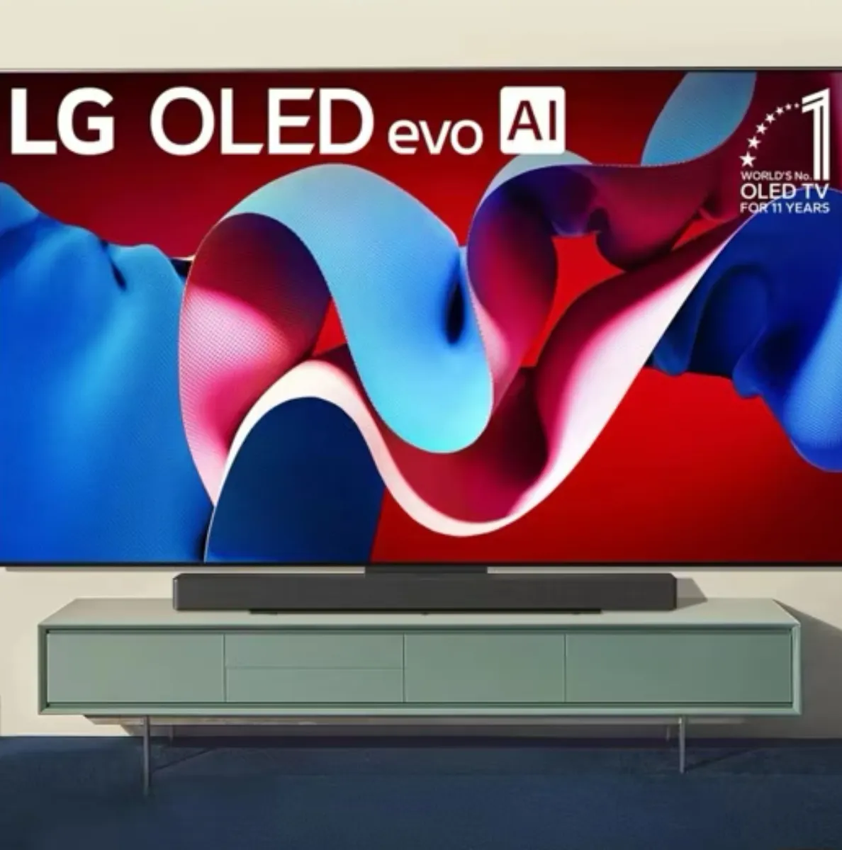 Hisense's U8QG TV mounted on a wall above an entertainment center.