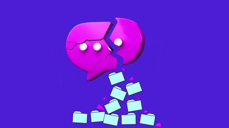 Photo illustration of folders spilling out of a cracked chat bubble. 