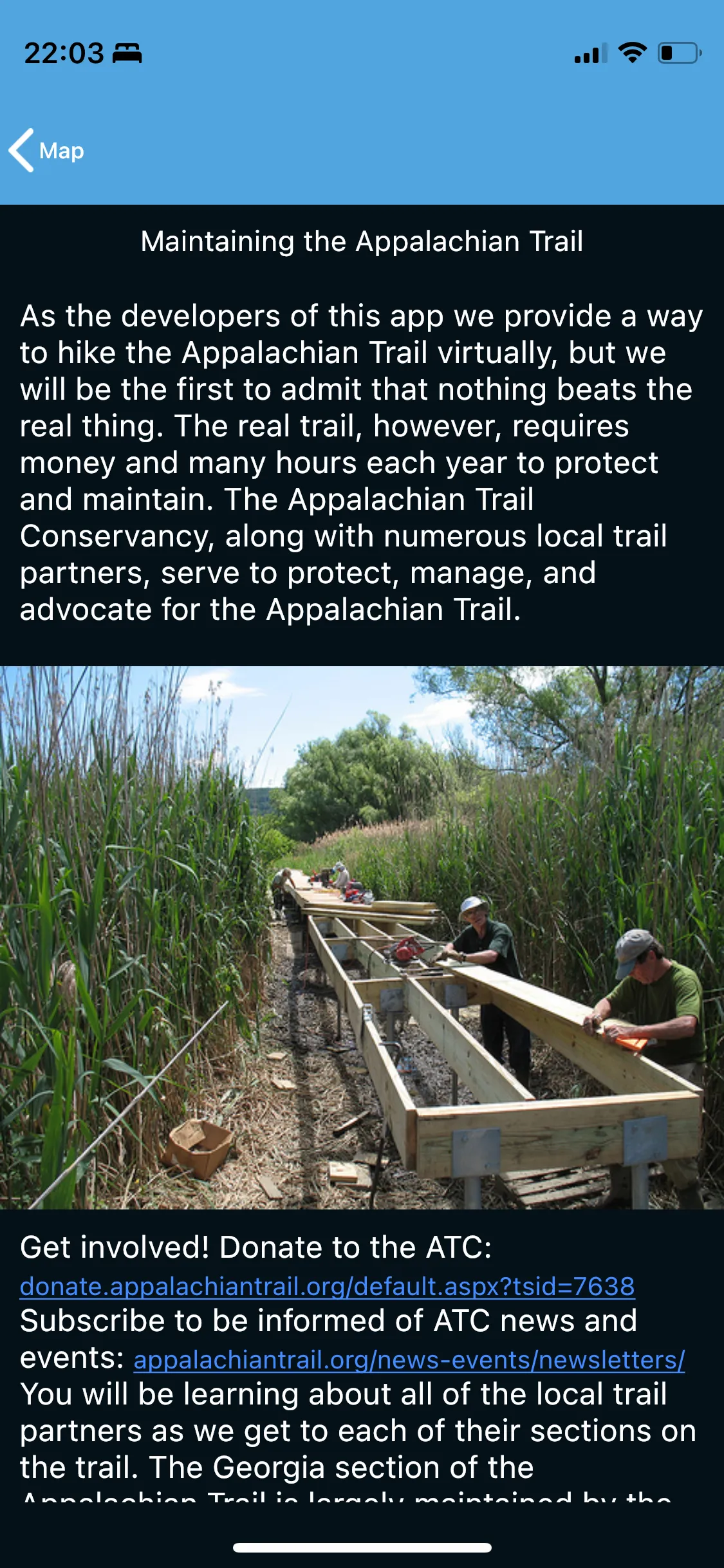 Walk The Distance also heavily encourages its users to donate to the associations that maintain and manage the trails in real life, which I heartily approve of.